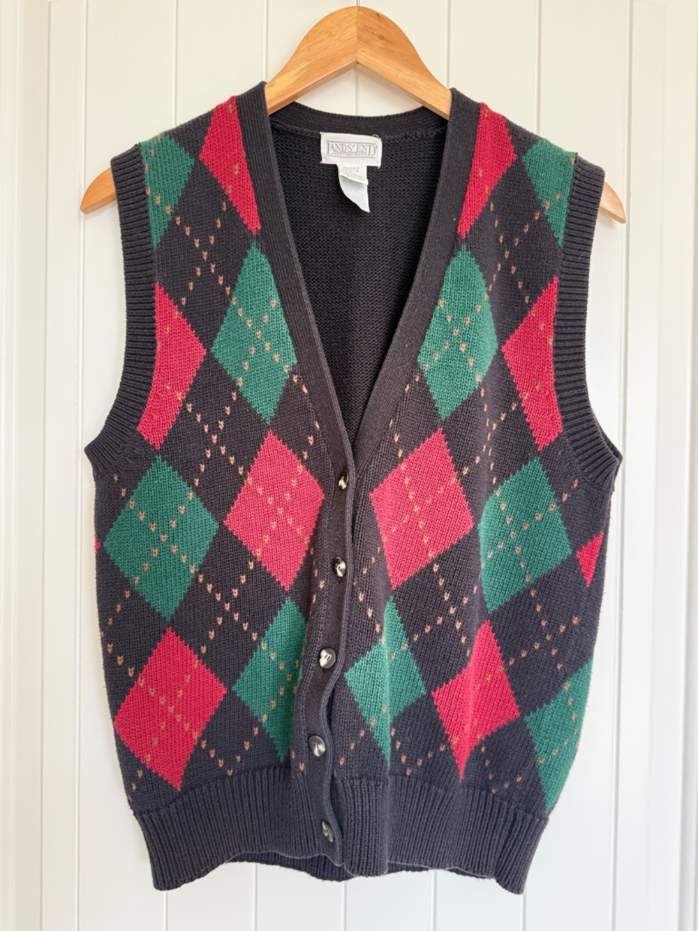Vintage Lands End Argyle Sweater Vest Button Front Knit Black Red Green Large - Picture 2 of 7